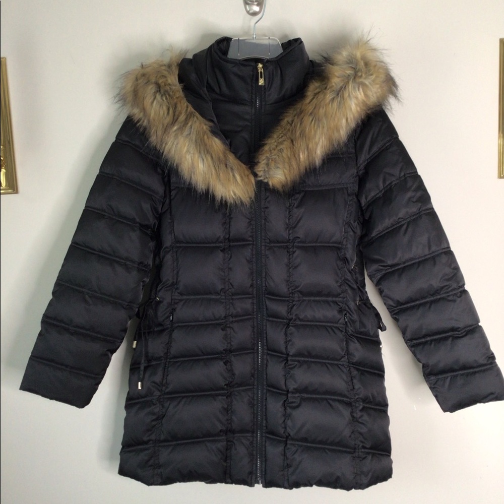 Betsy Johnson Puffer Coat Hood Faux Fur Lacing Pkt